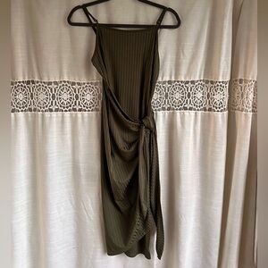 SHEIN Olive Ribbed Spaghetti Strap Midi Dress with Side Tie
